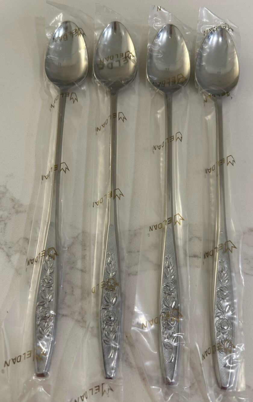 NEW Eldan ELD18 Set Of 4 Iced Teaspoons MAY ROSE Textured Roses Stainless MCM